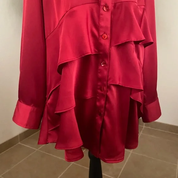 Finley | Long Sleeve Button Down Tiered Ruffle Satin-like Blouse. Size Medium - Picture 2 of 7